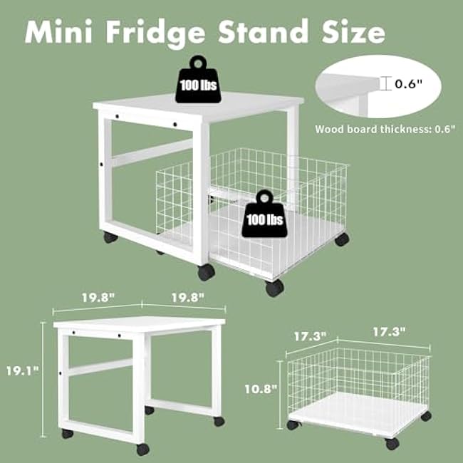 Mini Fridge Stand with Storage Basket, Mobile Refrigerator Stand, Rolling Compact Fridge Cart with Wheels, Heavy Duty Fridge Beverage Table for Home, Office, Dorm - White, Includes 2 Ice Cube Trays-xUXlDFsO