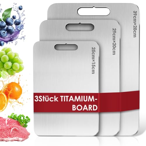 3 Stücke Titan Schneidebrett S316 Schneidebrett Edelstahl BPA-freies Doppelseitiges Lebensmittel Titanium Cutting Board ideal für Fleisch Brot Gemüse & Obst
