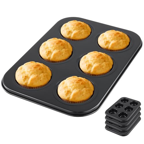HEIHAK 4 PCS 6 Cup Baking Tray, Carbon Steel No Stick Muffin & Cupcake Trays for Baking, Brownies, Pudding Pies