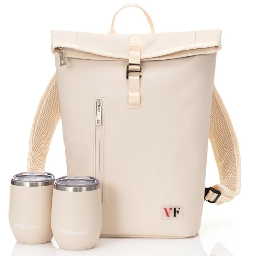 Two Bottle Rolltop Wine Tote Bag – Stylish PU Leather Wine Backpack with Matching Tumblers – Compact & Lightweight Wine Carrier with Padded Straps & Compartments for Travel & Picnics - Beige