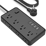 Protecteur de bande de puissance avec 8 Sorties & 3 USB Ports & 1 USB-C Port (5V/3A), 1700 Joules, Bouchon plat en angle, Sorties espacées & ETL Répertorié Power Outlet pour le bureau d'accueil - noir
