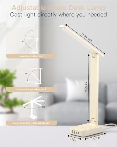 Image of Addtam LED Desk Lamp, Power Strip with 3 Outlets 4 USB Charging Ports(2 USBC), 4 Modes 5 Level Brightness Touch Lamp, Small Desk Lamp for Home Office College Dorm Room Essentials, Cream