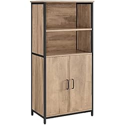 Estanteria Abierta Y Cerrada VASAGLE Armario, Aparador, Librería, con 2 Estantes Abiertos y Compartimento con Estante Interno Ajustable, Marco de Acero, para Salón, Cocina, Estudio, Marrón Roble y Negro LSC066B50