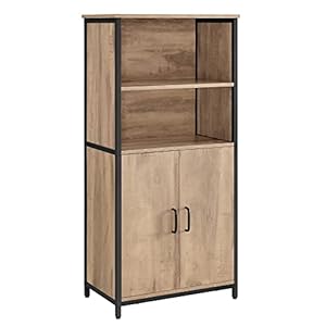 VASAGLE LSC066B50 Keukenkast, boekenkast, met 2 open vakken, kast met verstelbare planken, boekenkast met deuren, stalen frame, voor woonkamer, keuken en werkkamer, eikenbruin-zwart