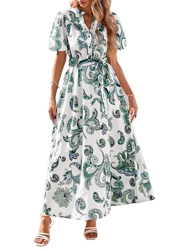 Image of KIRUNDO Women Spring Summer Wedding Guest Boho Floral Maxi Dress Puff Sleeve Button Shirt V Neck Flowy Beach Vacation Dress