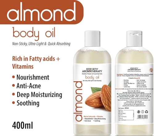 Image of KEYA SETH AROMATHERAPY Almond Body Oil - Anti-Acne, Deep Moisturizing, Soothing, Skin Nourishment; Non-Sticky, Quick-Absorbing 400ml