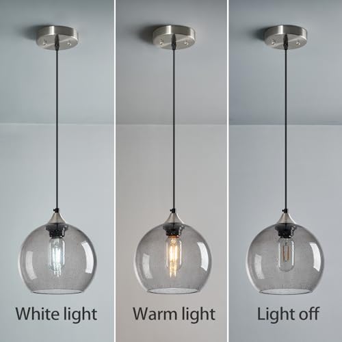 Image of Light Grey Glass Pendant Lights Kitchen Island Lighting Globe Pendant Light Fixtures Modern Pendant Lighting for Bedroom Living Dining Room Light Fixture (7.87 in, 1 Pack)