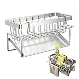 Rieoany Silber SpüLbecken Organizer Mit Schwammhalter, Kohlenstoffstahl Spüle Organizer Mit Abnehmbarem SpüLlappenhalter, Küchen Organizer SpüLe Mit Ablaufschale, Geeignet Für Küche Und Bad