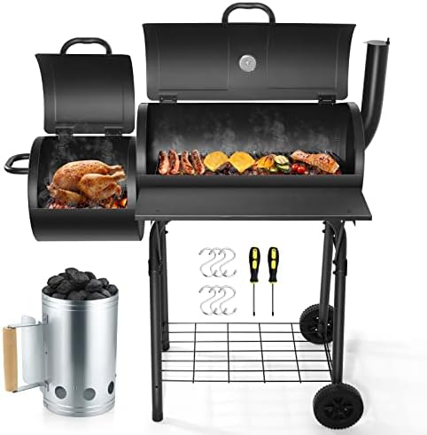 Barrel Charcoal Grill with Offset Smoker, HaSteeL Outdoor BBQ Grill & Charcoal Chimney Starter, Black Camping Barbecue Grill, Great for Patio Backyard Garden Picnic, Large 356.SQ.IN Cooking Space