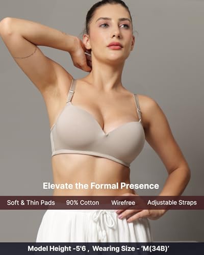 Image of BODYSIZE Women's Demi Cup Padded Bra | Soft Cotton-Lycra Stretch | Wire-Free Comfort, Lightly Padded Support, Seamless with Adjustable Straps (ELA)