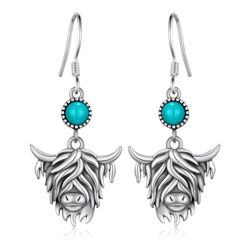 Boucles d'oreilles pendantes western argent turquoise et vache