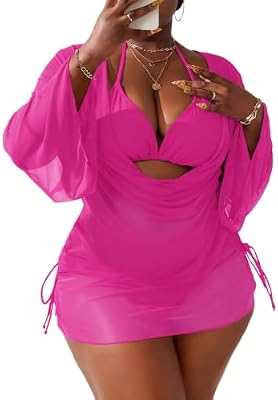 YELAIVP Women's Plus Size Halter String Bikini Set with Ruched Drawstring Cover Up