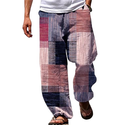 Mens Linen Beach Pants Big and Tall Casual Vacation Print Pants Loose Fit Straight-Legs Lightweight Trousers Streetwear