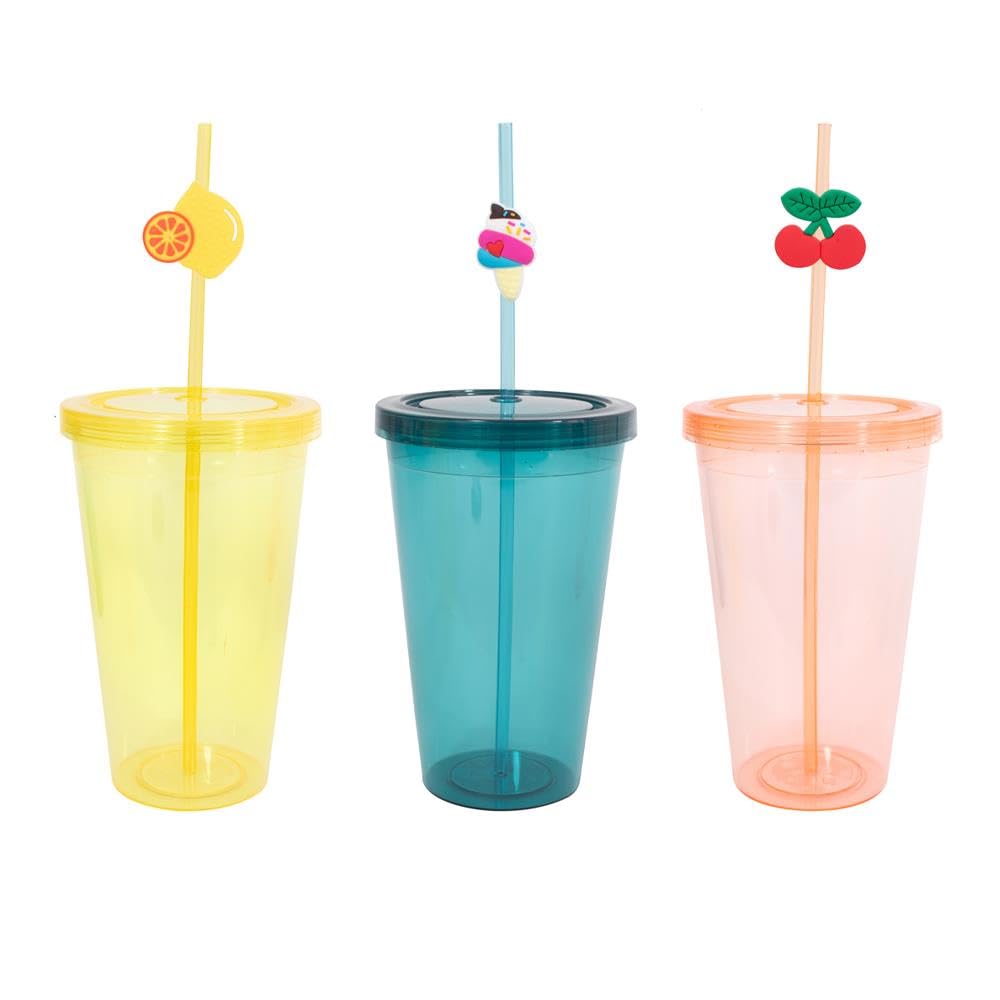 YöL Pack of 3 Plastic Drinks 725ml Tumblers With Straws Lids Summer Outdoor Picnic Orange Blue Yellow Reusable Cocktails Party