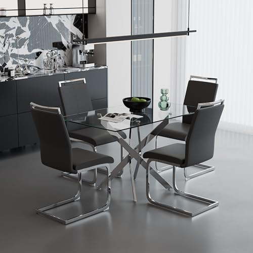 GOLDFAN Esstisch Set 110cm mit 4 Kunstleder Hochlehner Stühlen...