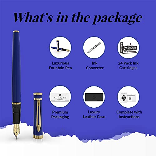 Wordsworth & Black Fountain Pen Set, 18K Gilded Medium Nib, Includes 24 Pack Ink Cartridges, Ink Refill Converter & Gift Box, Gold Finish, Calligraphy, [Imperial Blue], Perfect For Men & Women #TOP4