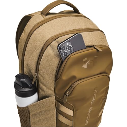 Image of Under Armour Unisex, Hustle 6.0 Pro Backpack (728) Coyote Brown Full Heather /Coyote /Metallic Gold One Size Fits Most
