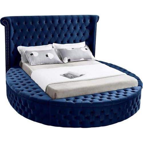 Meridian Furniture Luxus Collection Modern | Contemporary Round Shaped Velvet Upholstered Bed with Deep Button Tufting and Footboard Storage, Queen, Navy