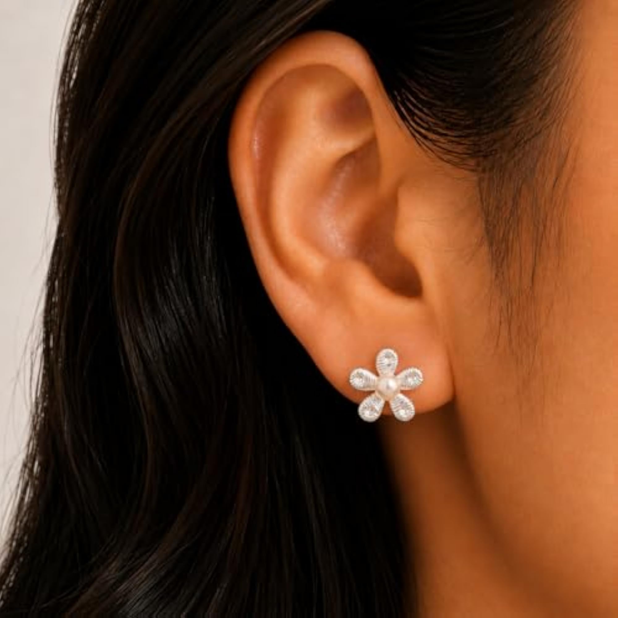 Women's Silver Plated Minimalist Floral Textured Pearl Stud Earrings