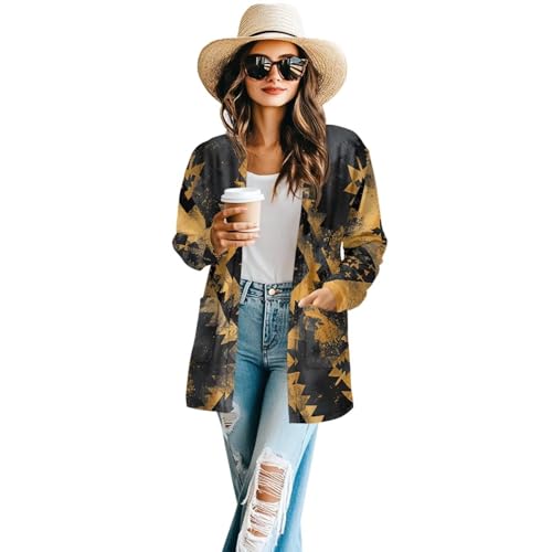Image of Women's Aztec Open-Front Jacket Lightweight Casual Outerwear Native Western Aztec Pattern & Plaid Houndstooth Print