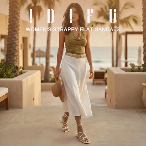 Image of IDIFU Strappy Lace Up Flat Sandals for Women Tie Up Square Open Toe Ankle Wrap Straps Dressy Gladiator Summer Beach Wedding Party Ladies Comfortable Cute Casual Dress Sandals