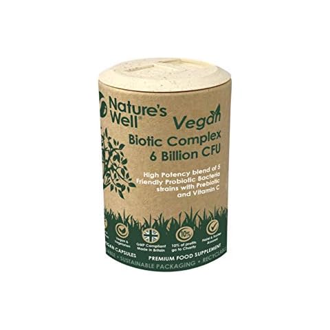 Vegan Biotic Complex, High Potency Minimum 6 Billion CFU per Capsule, 60 Vegetarian Capsules, 5 Active Probiotic Strains with Prebiotics & Vitamin C, Halal & Kosher - Made in UK by Nature’s Well (Pot) Cover