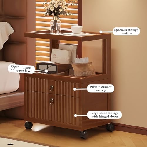 Small Night Stand for Small Spaces, Wooden Bedside Table with Drawers & 360° Rolling Shelf, Versatile End Table for Living Room, Bedroom, or Balcony Storage