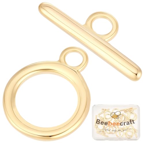 Beebeecraft 15 Sets Round Toggle Clasps 18K Gold Plated Brass IQ OT Toggle Clasp T Bar Connector Closure for Jewelry Making Bracelet Necklace Findings