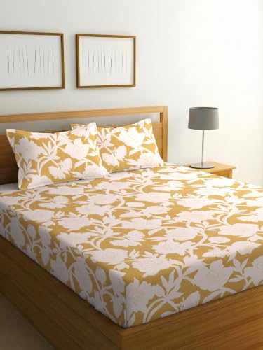 Image of Cotton Glace Cotton Elastic Fitted Bedsheet with 2 King Size Pillow Covers | Double Bed with All Around Elastic, Fits Upto 8 Inches Mattress, Size 72 x 78 Inches (Yellow Flower)