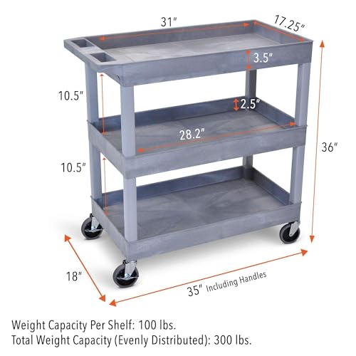 Image of Tubstr 3-Tier Rolling Utility Cart with Wheels | Supports 300 lbs. Total | Heavy-Duty Capacity for Garage Storage, Office Spaces, & Kitchen Use | Durable Tool Cart with Locking Wheels (Gray, 32 x 18)
