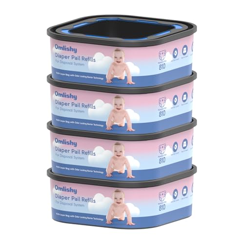 Image of Omlishy Jumbo Square Bags Refill Compatible with Diaper Genie Compact, Select Pails (Not Fit Classic), Max Odor Control, Disposal Bag Refills, Continuous Film, Holds Up to 810 Newborn Diapers, 4 Pack