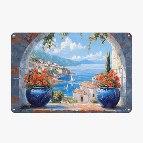 BEAROWL Metal tin sign featuring sea view, white sailboats, mountains & Italian village, ideal wall art for coastal home decor, Tinplate that is easy to hang indoors and outdoors, 6x8 inch