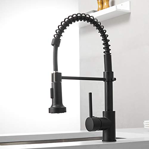 OWOFAN Kitchen Faucets Commercial Solid Brass Single Handle Single Lever Pull Down Sprayer Spring Kitchen Sink Faucet, Matte Black 9009R