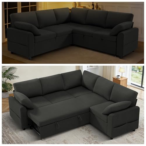 Image of 87 inch Fabric Sectional Sofa w /Pull Out Bed & Storage Space, Dark Grey