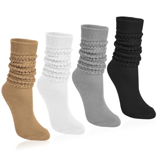 Justay 4 Pairs Slouchy Socks for Women, Scrunch Boot Long Knee High Knit Tube Athletic Slouch Socks for Woman