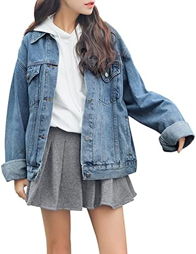 Dasior Women's Denim Jacket Long Blue Jean Jackets Button Down Casual Boyfriend Oversized Loose Coat (Blue, Large)