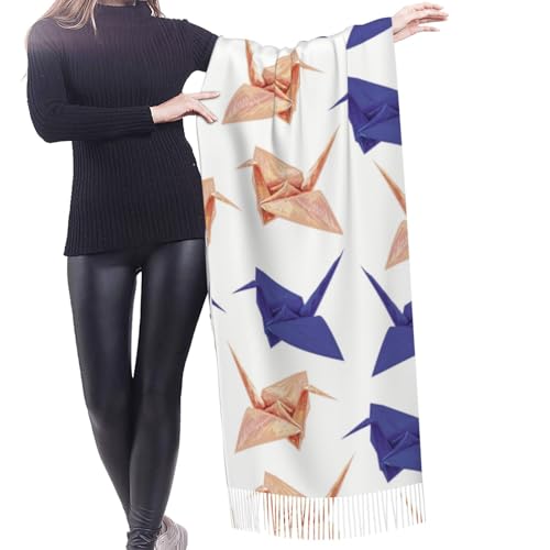 Origami Paper Crane Pattern Tassel Scarf, Winter Warm Scarves Shawls Blanket For Women2
