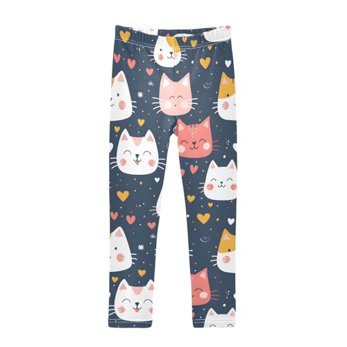 Cartoon Cat Heart Print Girls Leggings Ultra Soft Compression Yoga Gym Pants for Kids 4-10T
