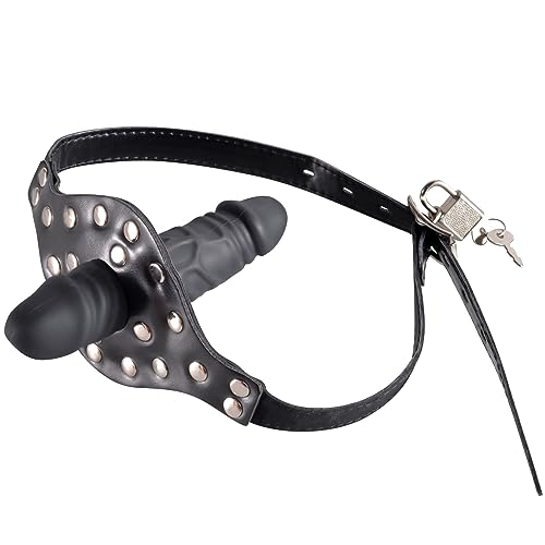 Realistischer Dildoknebel mit Doppelschwanz, abschließbar, Mundknebel mit Vorhängeschloss, verstellbares Lederband, Fantasie-Sexspielzeug für Männer, Frauen, Paare, 19 cm