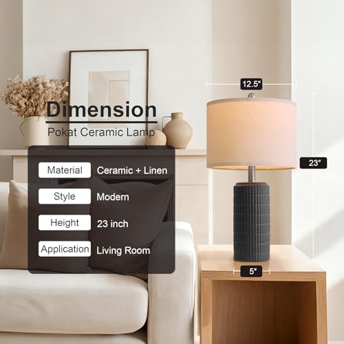 Image of PoKat 23 inch Matte-Textured Ceramic Table Lamps Set of 2 for Bedroom, Stone-Like Modern Bedside Lamps for Night Stands, Farmhouse Nightstand Table Lamps Decor for Living Room End Table Black