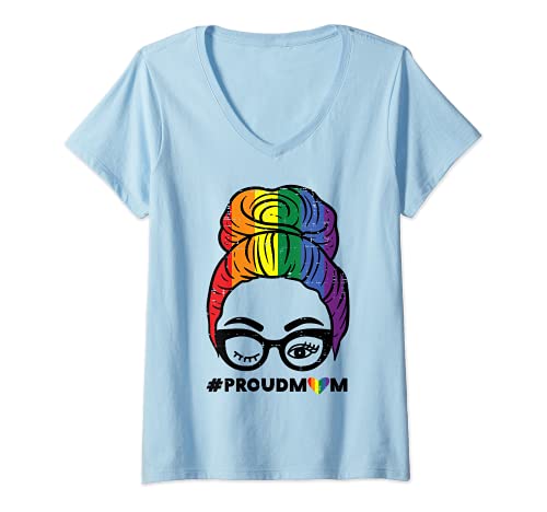 Donna Proud Mom Messy Hair Bun LGBTQ Rainbow Flag Gay Pride Ally Maglietta con Collo a V