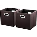 PRANDOM Leather Foldable Cube Storage Bins 13x13 inch [2-Pack] Fabric Storage Baskets Cubes Drawer with Cotton Handles Organizer for Shelves Nursery Closet Bedroom Clothes Brown