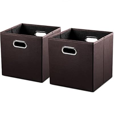 PRANDOM Leather Foldable Cube Storage Bins 13x13 inch [2-Pack] Fabric Storage Baskets Cubes Drawer with Cotton Handles Organizer for Shelves Nursery Closet Bedroom Clothes Brown