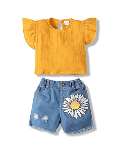 Renotemy Toddler Baby Girls Clothes Summer Outfits Ruffle Sleeve Tops Belt Shorts Pant Clothing Shorts Sets for Girls