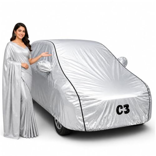 Image of Waterproof Car Body Cover for C3 All Weather Protection Comes with Inner Cotton Lining & Triple Stitched with Mirror & Antenna Pocket Belt & Elastic Fit Metallic Silver with Black Piping1