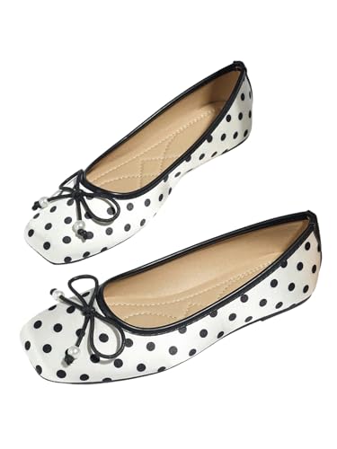 MakeMeChic Women's Bow Knot Polka Dots Flat Shoes Beaded Closed