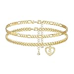 YANODA Initial Ankle Bracelets for Women 14K Gold Plated Layered Figaro Cuban Chain Letter Initial Anklets Handmade Letter A-Z Gold Anklets for Women Foot Jewelry Gifts