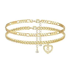 YANODA Initial Ankle Bracelets for Women 14K Gold Plated Layered Figaro Cuban Chain Letter Initial Anklets Handmade Letter A-Z Gold Anklets for Women Foot Jewelry Gifts