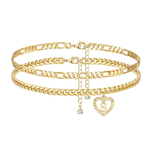 YANODA Initial Ankle Bracelets for Women 14K Gold Plated Layered Figaro Cuban Chain Letter Initial Anklets Handmade Letter A-Z Gold Anklets for Women Foot Jewelry Gifts