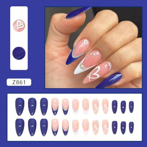 Image of Stiletto Press on Nails Medium Blue Fake Nails Heart False Nail with Design Rhinestone Glue on Nails Artificial French Acrylic Nail Glossy Full Cover Stick on Nail for Women Girls Manicure 24pcs